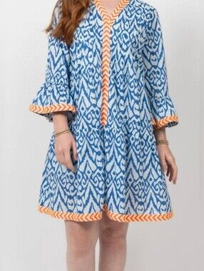 Uncle Frank Large EUC Blue Ikat Print Tunic Dress with Orange Trim PTP 21